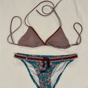 Victoria's Secret Maroon Striped Triangle Top with Teal Floral Bottom with Belt